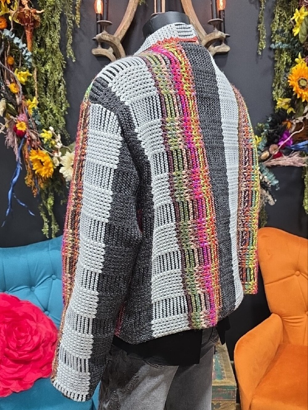 Colorblock Crochet Open-Front Jacket - Multi/Gray - Picture 8 of 11